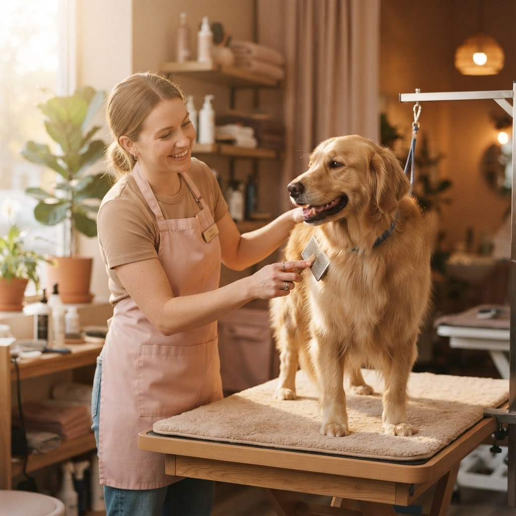 A dog groomer gently brushing a golden retriever on a grooming table