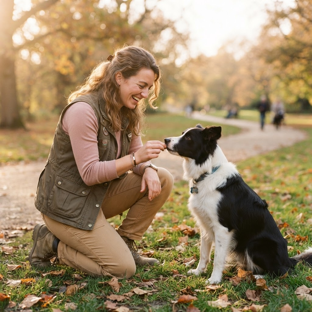 A dog trainer giving a treat to an attentive border collie during an outdoor training session